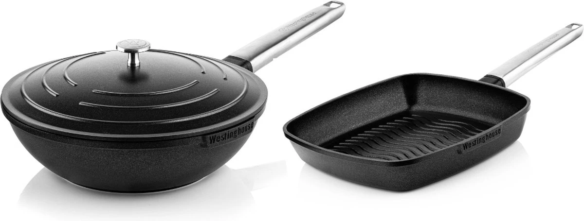 Westinghouse Pannenset Performance (Wokpan + Grillpan) ø 28 Cm - Zwart - Inductie En Alle Andere Warmtebronnen 1 Westinghouse Pannenset Performance (Wokpan + Grillpan) ø 28 Cm - Zwart - Inductie En Alle Andere Warmtebronnen