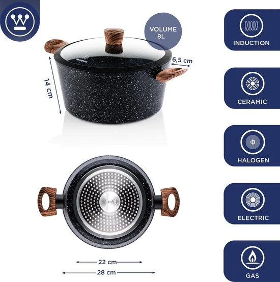 Westinghouse Pannenset Marble Wood (Wokpan ø 30 Cm + Braadpan + Hapjespan ø 28 Cm) - Inductie En Alle Andere Warmtebronnen 6 Westinghouse Pannenset Marble Wood (Wokpan ø 30 Cm + Braadpan + Hapjespan ø 28 Cm) - Inductie En Alle Andere Warmtebronnen - Afbeelding 6