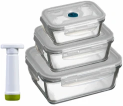 Sareva Vacuum Ovenschalen / Vershoudbakjes - Hittebestendig Glas - 4 Delige Set / 485 + 970 + 1.7 Ltr
