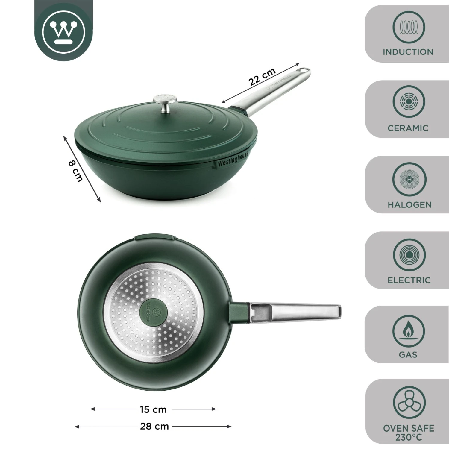 Westinghouse Wokpan Performance - Gracious Green - ø 28 Cm - Standaard Anti-aanbaklaag 2 Westinghouse Wokpan Performance - Gracious Green - ø 28 Cm - Standaard Anti-aanbaklaag - Afbeelding 2